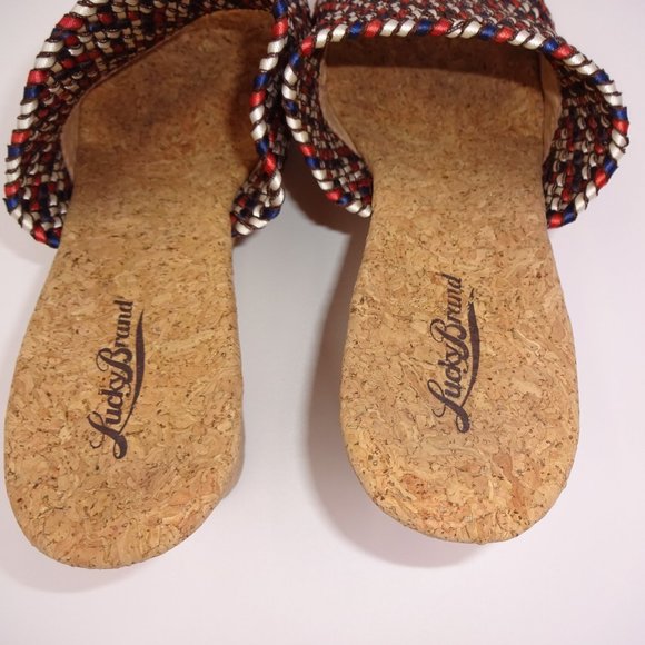 Womens 10M 10 Lucky Brand White Blue Red Slip On Platform Shoes Sandals Cork - Picture 5 of 9